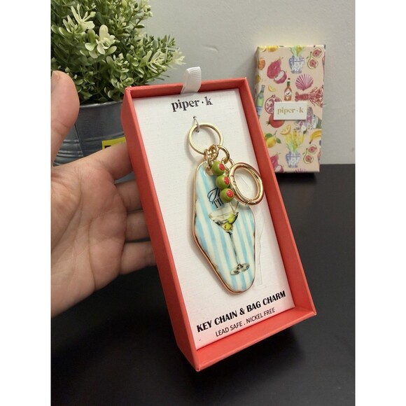 Piper K Tini Time Martini Glass Keychain Bag Charm Blue Stripe Olive Retro NIB - Picture 9 of 10